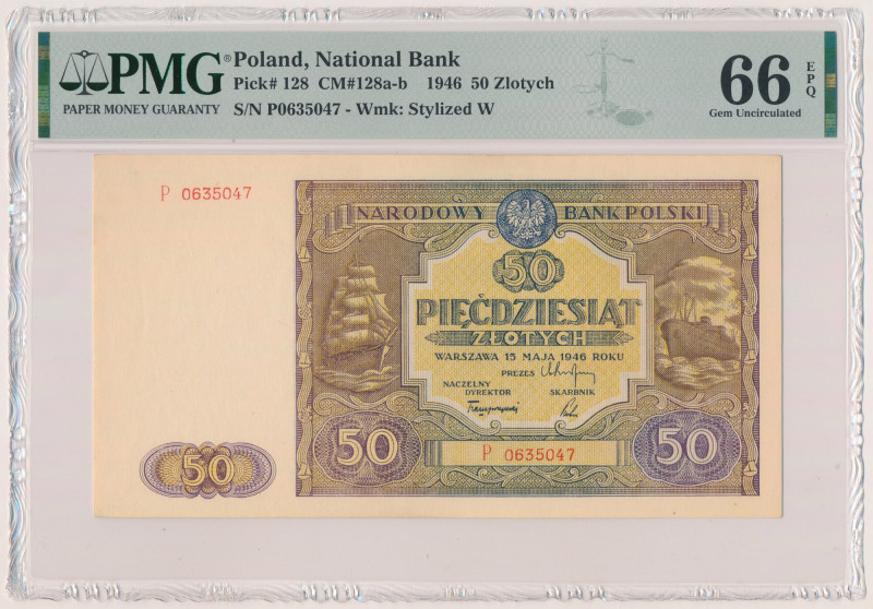 50 złotych 1946 - duża litera Reference: Miłczak 128b
Grade: PMG 66 EPQ 

POL...