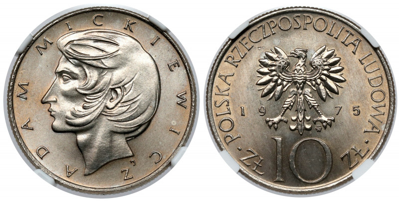 10 złotych 1975 Mickiewicz Reference: Parchimowicz 241.a
Grade: NGC MS66