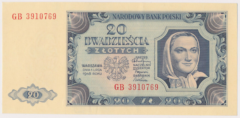 20 złotych 1948 - GB Delikatnie ugięty pionowo. Bardzo ładny, naturalny.&nbsp; R...