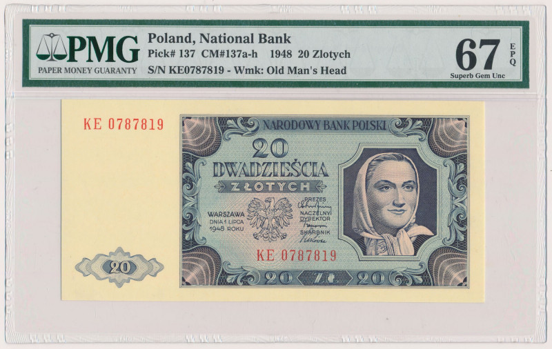 20 złotych 1948 - KE Reference: Miłczak 137ff
Grade: PMG 67 EPQ 

POLAND POLE...