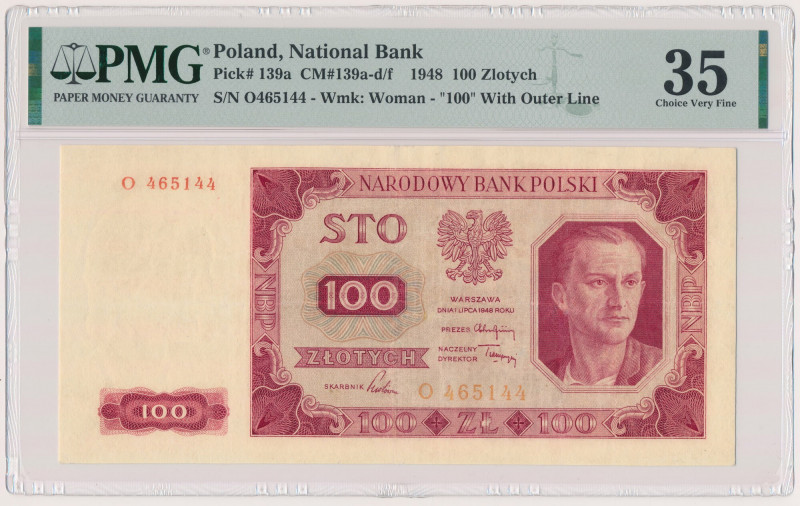 100 złotych 1948 - O Rzadka odmiana jednoliterowa.&nbsp; 
Reference: Miłczak 13...