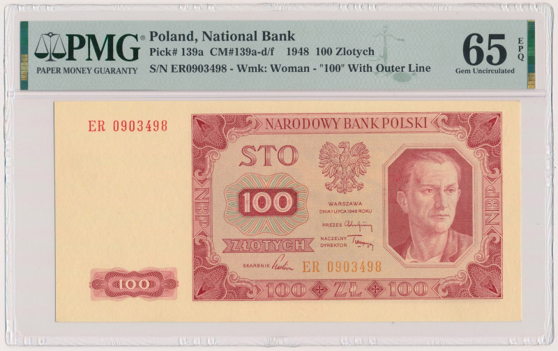 100 złotych 1948 - ER Reference: Miłczak 139d
Grade: PMG 65 EPQ 

POLAND POLE...