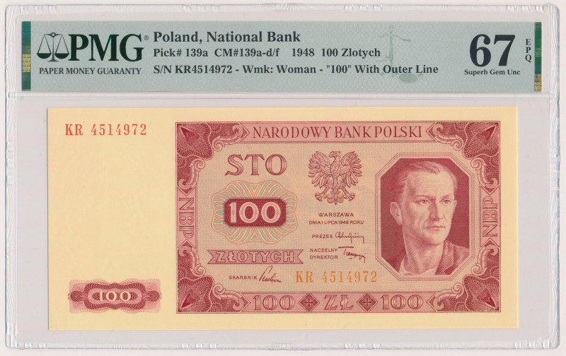 100 złotych 1948 - KR Reference: Miłczak 139ff
Grade: PMG 67 EPQ 

POLAND POL...