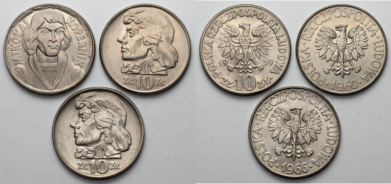 10 złotych 1959-1966 Kopiernik, Kościuszko, zestaw (3szt) Piękne, mennicze stany...