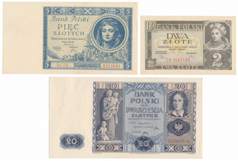 Zestaw ładnych banknotów z lat 1930-1936 (3szt) 2 zł st.1; 5 zł st.2+; 20 zł st....