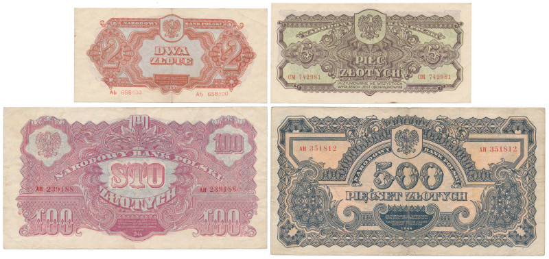 Zestaw banknotów 2 - 500 złotych 1944...owym (4szt) 2 zł - st.2; 5 zł - st.2; 10...