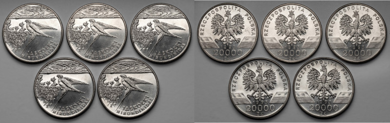 20.000 złotych 1993 Jaskółki, zestaw (5szt) Mennicze.&nbsp; Reference: Parchimow...