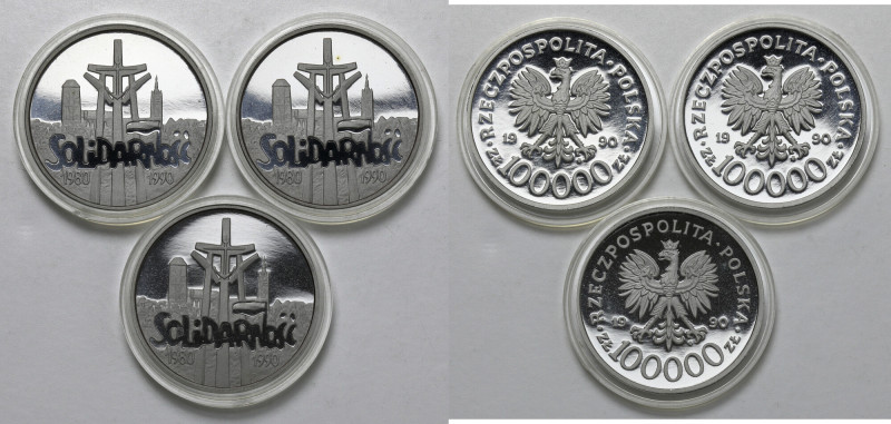 100.000 złotych 1990 Solidarność (gruba), zestaw (3szt) 

POLAND POLEN