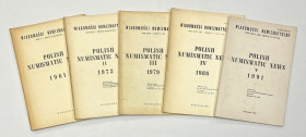 Wiadomości numizmatyczne 1961-1990 Polish Numismatic News (5szt) Komplet pierwszych pięciu numerów specjalnych, z lat 1961-1991.&nbsp; Wydawane w języ...