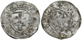 Kazimierz IV Jagiellończyk, Szeląg Toruń - półksiężyce Rzadsza odmiana z orłem z mieczem wychodzącym poza tarczę. Obie legendy (awersu i rewersu) rozp...