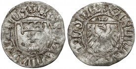 Kazimierz IV Jagiellończyk, Szeląg Gdańsk - lilia / podwójny krzyż Rzadsza odmiana - z legendą awersu rozpoczętą ozdobną lilią, a rewersu dwoma krzyży...
