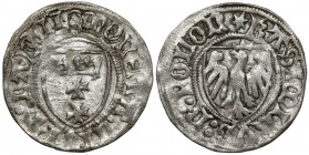 Kazimierz IV Jagiellończyk, Szeląg Gdańsk - 8 / gwiazda Odmiana z gwiazdką na awersie i dwoma kółkami na rewersie (wyglądającymi jak ósemka). Wariant ...