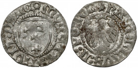 Kazimierz IV Jagiellończyk, Szeląg Gdańsk Odmiana z gwiazdką na awersie i dwoma kółkami na rewersie (wyglądającymi jak ósemka). Reference: Kopicki 722...