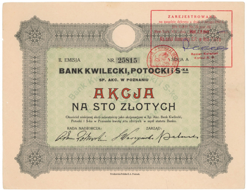 Bank KWILECKI, POTOCKI i S-ka, Em.2, 100 zł Reference: Koziorowski 93-2, Niegrzy...