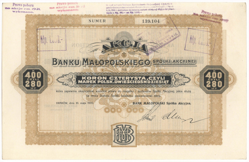 Bank Małopolski Sp. Akc., 400 kr 1919 Reference: Koziorowski 77-1, Niegrzybowski...