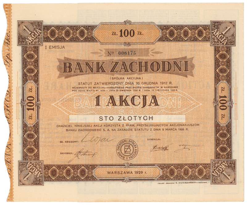 Bank Zachodni, Em.1, 100 zł 1929 Wymiary:&nbsp; 24 x 20.5 cm. 
Reference: Kozio...