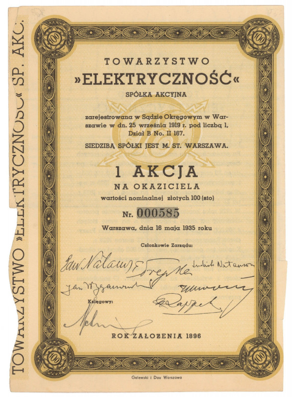 ELEKTRYCZNOŚĆ Sp. Akc., 100 zł 1935 Wymiary: 15 x 21 cm. 
Reference: Koziorowsk...