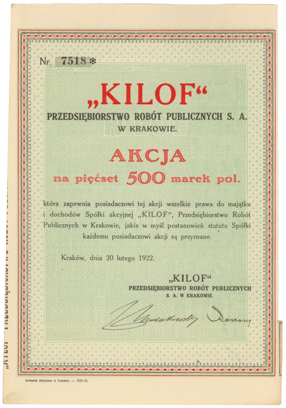 KILOF Przedsiębiorstwo Robót Publicznych, 500 mkp 1922 Wymiary: 17 x 25 cm. 
Re...