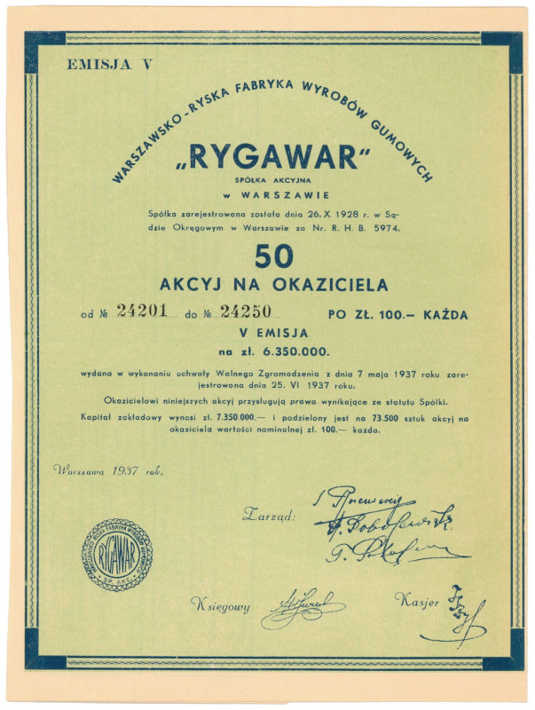 RYGAWAR Warszawsko-Ryska Fabryka Wyrobów Gumowych, Em.5, 50x 100 zł 1937 Referen...