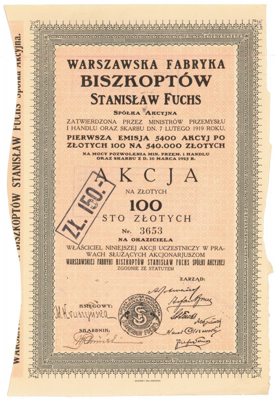 Warszawska Fabryka Biszkoptów 'Stanisław Fusch', Em.1, 100 zł Reference: Kozioro...