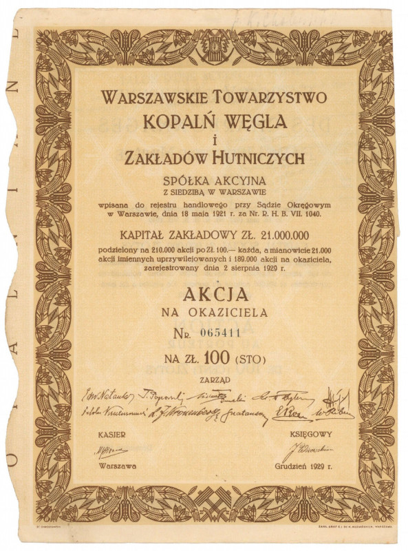 Warszawskie Tow. Kopalń Węgla i Zakładów Hutniczych, 100 zł 1929 Reference: Kozi...