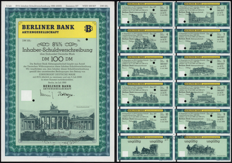 Niemcy, Berliner Bank, SPECIMEN Obligacji 100 DM 1990