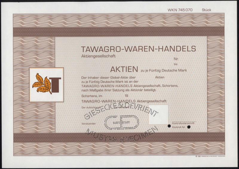 Niemcy, Tawagro-Waren-Handles, SPECIMEN Akcji 50 DM