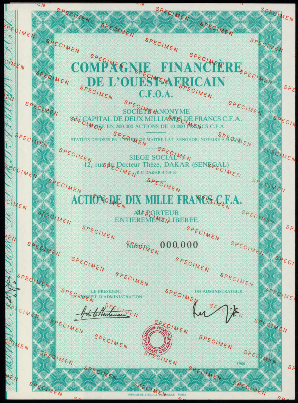 Senegal, Compagnie Financière de l'Ouest Africain, SPECIMEN Akcji 10.000 francs