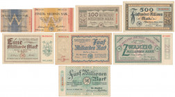 Breslau (Wrocław), 20 mln mk - 5 mld mk 1923 (8szt) W stanie 4+ tylko 5 mld. Pozostałe banknoty w stanach z przedziału 3-2, większość bliżej 2. Wszyst...