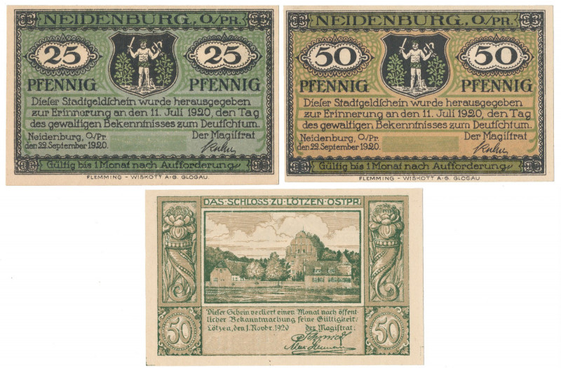 Neidenburg (Nidzica) i Lotzen (Giżycko) - bez numerów - 25 i 2x 50 pfg 1920 (3sz...