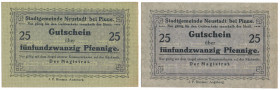 Neustadt bei Pinne (Lwówek Wlkp.), 25 pfg (1917) - różne odmiany (2szt) 25 pfg (szare) w znaku wodnym 'znak równości'. 25 pfg (zielone) 'kropki' w zna...