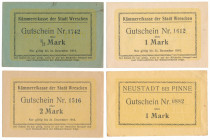 Wreschen (Września) i Neustadt bei Pinne (Lwówek Wlkp.), 1/2 - 2 mk 1914 - zestaw (4szt) 1/2 mk i 1 mk (Pinne) st.2+; 1 mk st.1, gruby papier; 2 mk st...