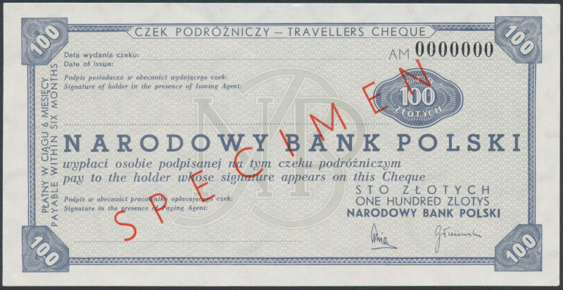 Czek podróżniczy NBP na 100 zł - SPECIMEN Ukośne złamanie w polu banknotu, a tak...