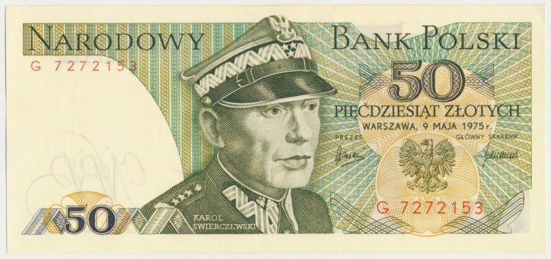 50 złotych 1975 - G Lekko ugięty centralnie.&nbsp; Reference: Miłczak 144a
Grad...