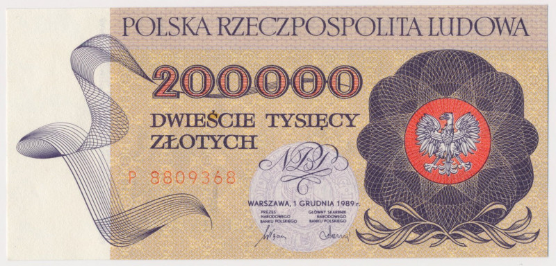 200.000 złotych 1989 - P Drobna nieświeżość lewego, dolnego narożnika i żółtawa ...