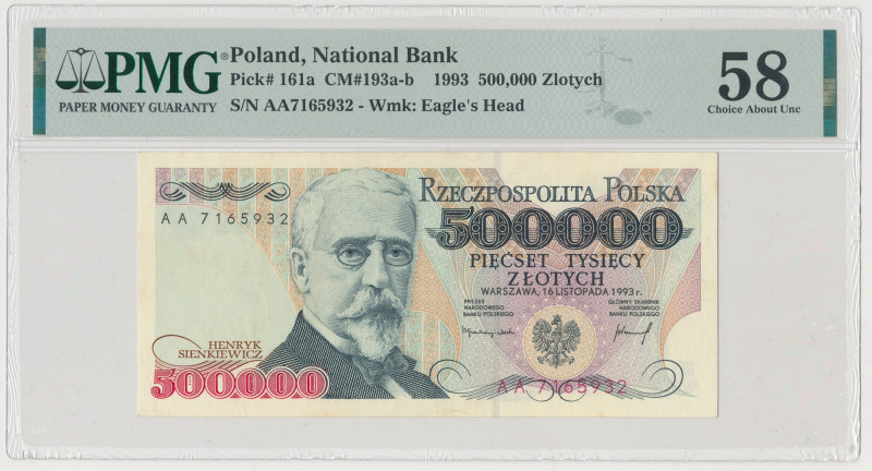 500.000 złotych 1993 - AA Jedna z najrzadszych typologicznie pozycji z banknotów...