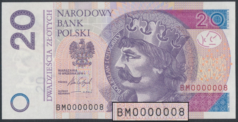 20 zł 2016 BM - 0000008 - niski numer jednocyfrowy 
Grade: UNC/AU