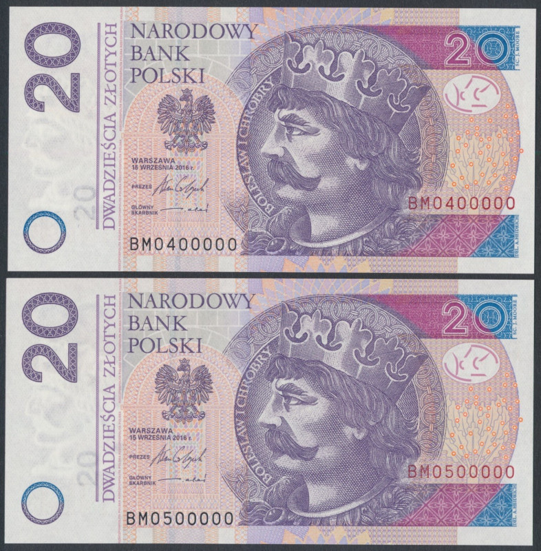 20 zł 2016 BM - 0400000 i 0500000 (2szt) 
Grade: UNC