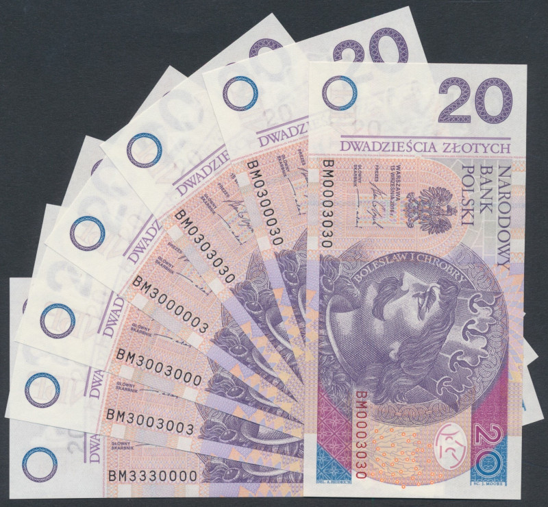 20 zł 2016 BM - ładne numery z cyfr 3 i 0 (7szt) Niektóre banknoty z naturalną n...