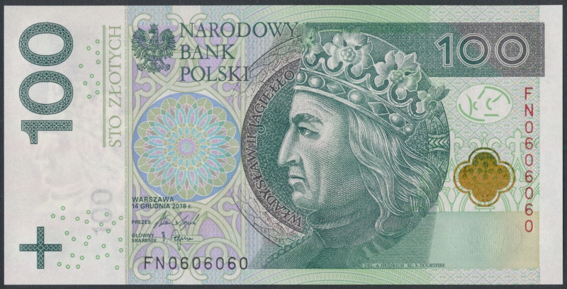 100 zł 2018 FN - 0606060 - radarowy 
Grade: UNC