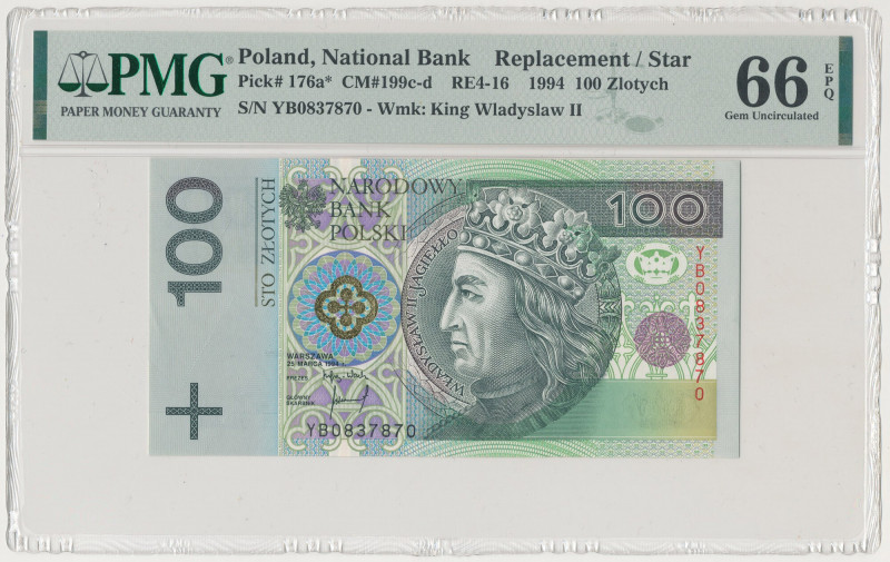 100 złotych 1994 - YB - seria zastępcza Reference: Miłczak 199d
Grade: PMG 66 E...