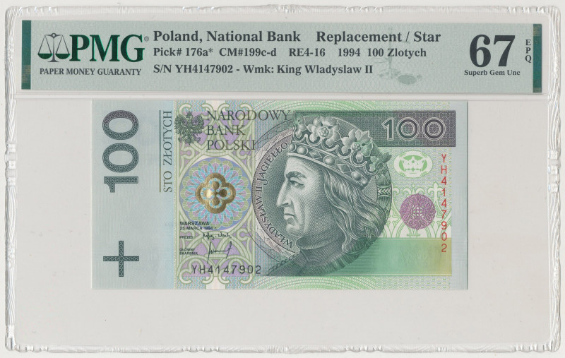 100 złotych 1994 - YH - seria zastępcza Reference: Miłczak 199d
Grade: PMG 67 E...