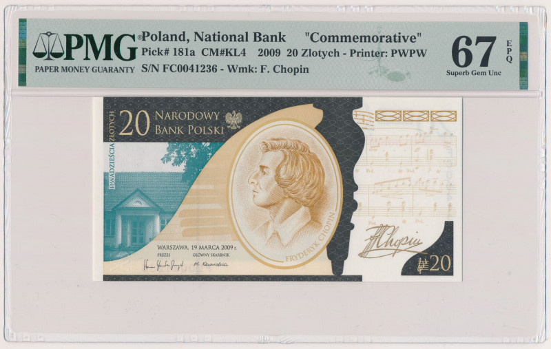 20 złotych 2009 - Fryderyk Chopin Reference: Parchimowicz KOL4
Grade: PMG 67 EP...