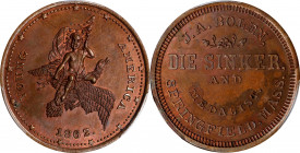 1862 Young America / J.A. Bolen Store Card. Musante JAB-5, Rulau Ma-Sp 4. Copper. MS-65 BN (PCGS).
27.8 mm. An exceptional red and brown specimen wit...