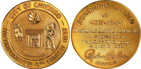 1969 Honorary Citizen of Chicago Award Medal. Bronze. Awarded to Astronaut Edwin E. Aldrin Jr. Mint State.
76 mm. Obv : The Chicago Corporate Seal co...