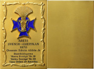 1970 Vasa Order of America, Swedish-American of the Year Award Plaque. Gilt Silver. Awarded to Colonel Edwin Aldrin Jr. Mint State.
76 x 111 mm recta...