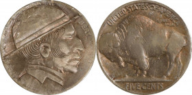 (Undated) Man with Hat and Collar. By Bertram "Bert" Wiegand. Host Coin Very Fine.
A finely executed portrait on a Type II Buffalo nickel with a simp...