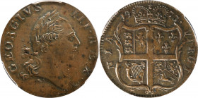 1773 Virginia Halfpenny. Newman 4-P, W-1475. Rarity-5. No Period After GEORGIVS, 7 Harp Strings. MS-62 BN (PCGS).
111.4 grains. An appealing piece wi...