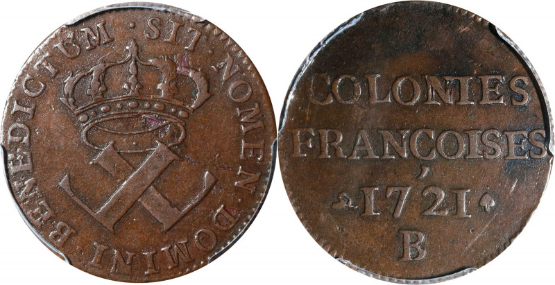 1721-B Sou, or 9 Deniers. Rouen Mint. Martin 1.1-A.1, W-11825. Rarity-4. AU-50 (...
