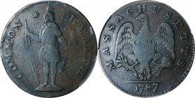 1787 Massachusetts Cent. Ryder 4-J, W-6120. Rarity-7. Bowed Head, Arrows in Left Talon. Fine-12 (PCGS).
An exciting offering for the specialist in Ma...